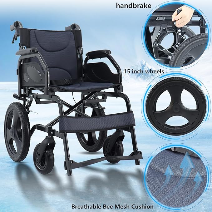 Lightweight Wheelchair Aluminum Alloy with Handbrakes, Silla de Ruedas for Adults, Durable Square Tube and Flip Up Armrest