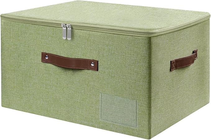 ANMINY Fabric Storage Box Bins with Zipper Lid, Washable Green | Cotton Linen Fabric, PP Board Frame, Label Holder, Stackable & Foldable, PU Handles, Dual-Zipper 3-Side Open Lid, Large