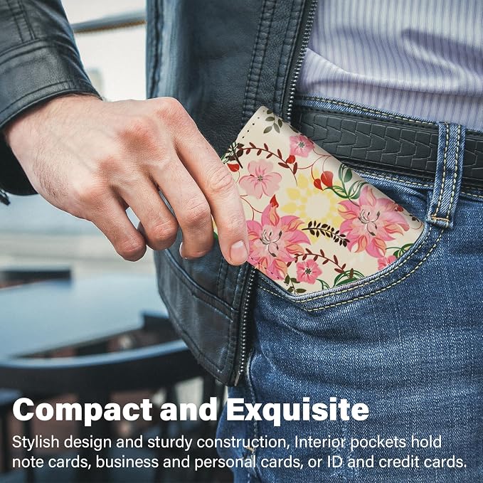 Business Card Holder，PU Leather Business Card Case Color Printing Pattern Card Holder Wallet，Pockets Magnetic Credit Card Holders for Men and Women - Red Yellow Flowers