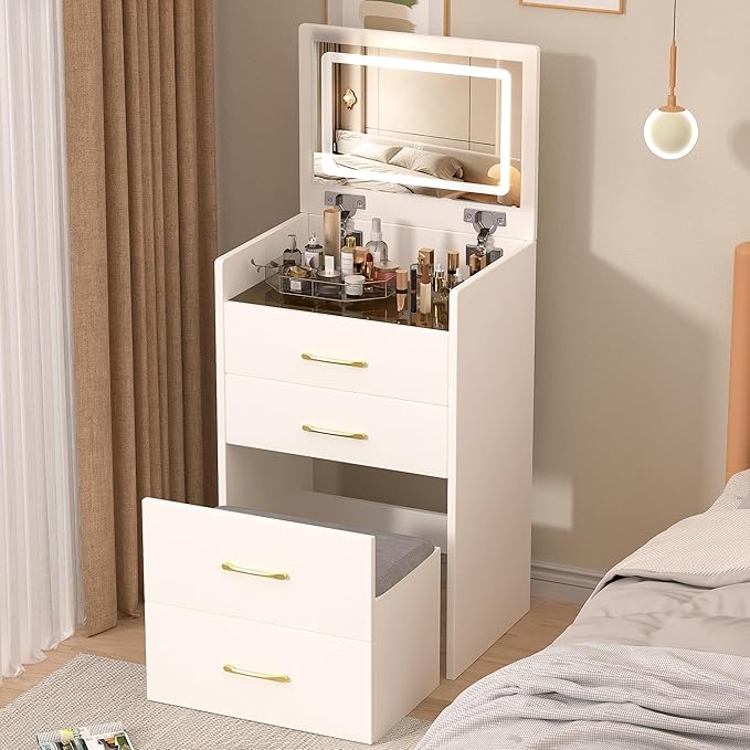 3 in 1 Vanity Desk with Mirror and Lights,Small Make Up Vanity Set with Visible Glass Desktop,Compact Makeup Vanity with 3 Drawers & Chair, Dressing Table for Bedroom