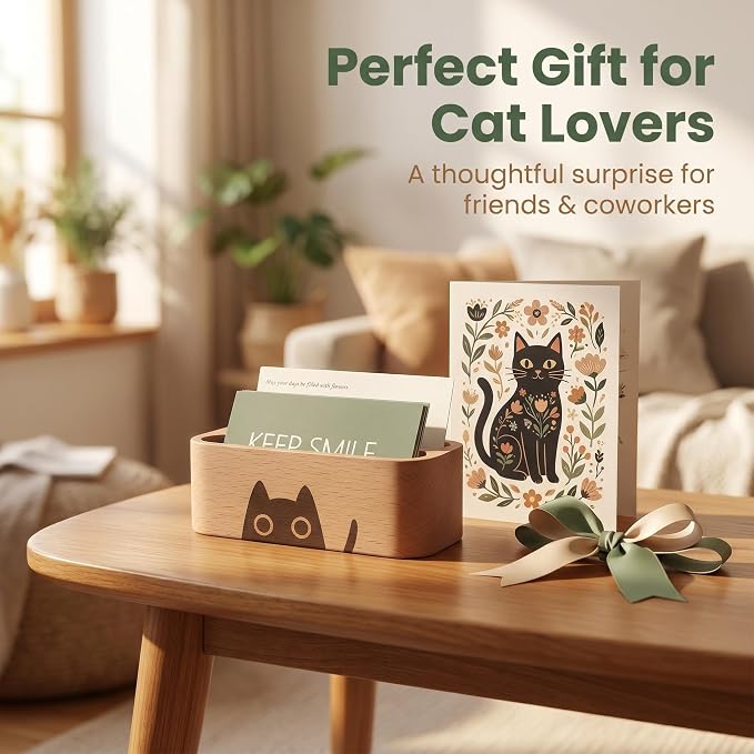 Business Card Holders 2 tier 2 Slot, Natural Wooden Name Card Holder Wood Business Card Holder Office Desktop Card Display Stands Cat Pattern Cute