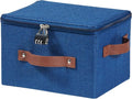 Storage Bins Boxes with Zipper Lid Combination Lock PU Leather Handles Cotton Linen Fabric Lidded Lockable Baskets Foldable Washable Closet Shelf Organizer Container (Deep Blue, Small)