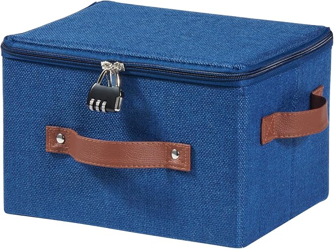 Storage Bins Boxes with Zipper Lid Combination Lock PU Leather Handles Cotton Linen Fabric Lidded Lockable Baskets Foldable Washable Closet Shelf Organizer Container (Deep Blue, Small)
