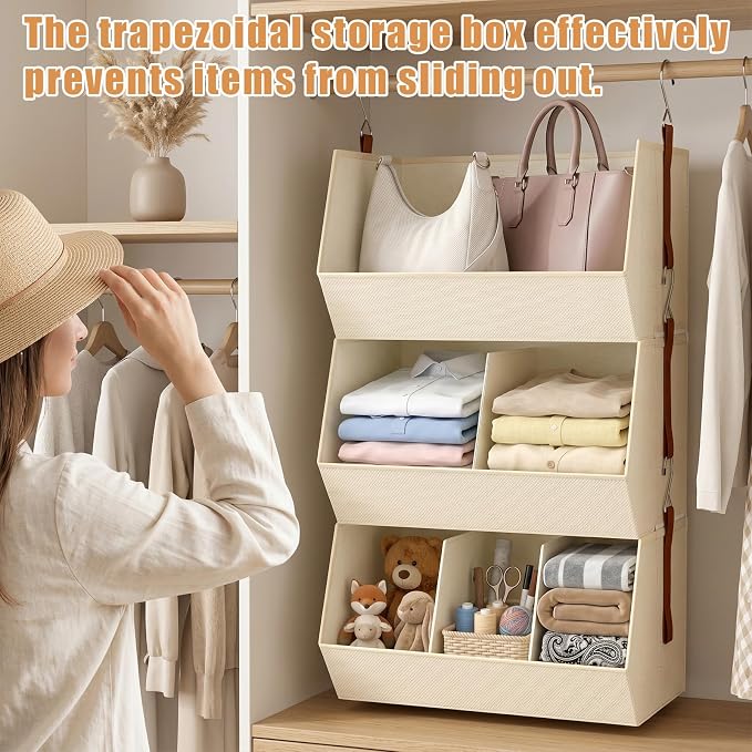 3-Tier Hanging Closet Organizer, Extra Large Fabric Closet Shelves with Zipper, Foldable Closet Storage Organizer for Clothes, Handbags, Socks, Underwear, Dorm Room and RV, Beige - 2 Pack