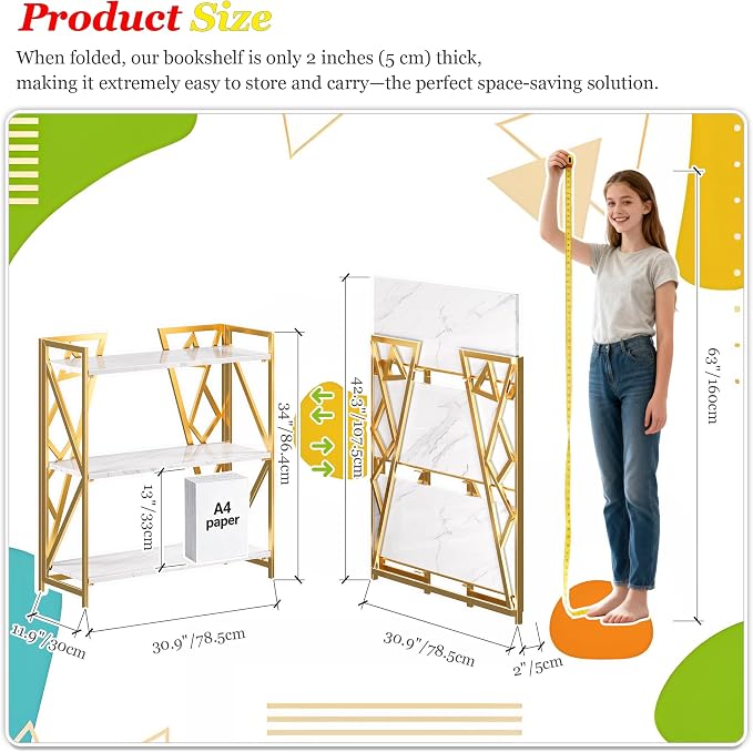 UDD No Assembly Wide Folding Bookshelf, 34" H x 30.9" W, 3 Tier Foldable Book Shelf Industrial Bookcase, Vintage Collapsible Storage Shelves for Home Office Living Room Bedroom, White Gold