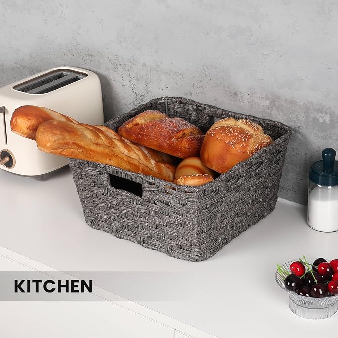 2-Pack Plastic Wicker Storage Baskets for Bathroom, 12"x12"x6", Dark Grey | Versatile woven storage bins for shelves, toilet paper, closet, and home organizing – stackable, durable.