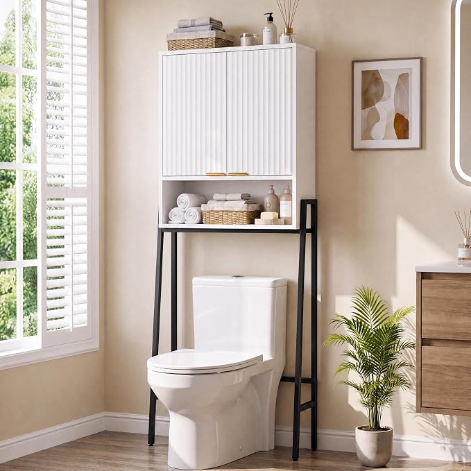 25" W Over The Toilet Storage Cabinet with Fluted Door,Bathroom Organizers and Storage with Adjustable Shelves, Modern Over Toilet Organizer for Bathroom,Restroom,Laundry,White