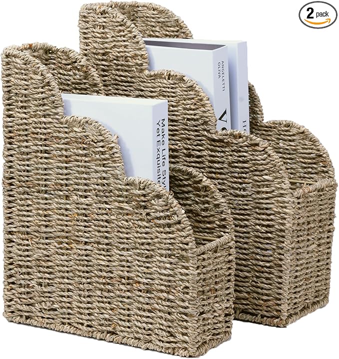 BROWNLILY Scalloped Magazine Holder Set of 2 - Natural Handwoven Seagrass Book Baskets for Bedroom, Bathroom, Living Room, Home, Office - Home Organization and Storage