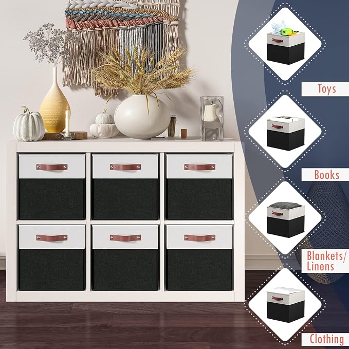 Ornavo Home 13x13 Foldable Fabric Storage Cube Bins, 6 Pack, White/Black | Collapsible Linen Shelf Basket Organizer; Leather Handles; Ideal Cube Storage For Closet