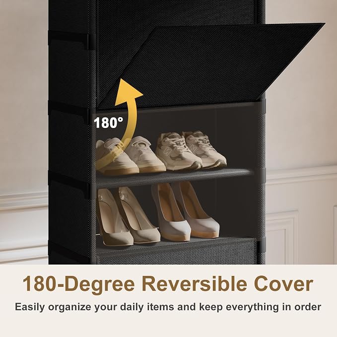 9 Tier Shoe Cabinet with Door, 18-Pair Rack for Closet Black | Non-woven & metal frame, stable. Door blocks dust & pets. DIY split for spaces. Easy assembly.