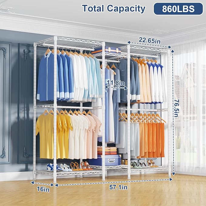 Ulif E12 Clothes Rack，Heavy Duty Freestanding Garment Rack with Shelves，Metal Clothing Closet Storage System for Hanging Clothes，57.1" W x 16" D x 76.5" H, Hold 860 lbs，White