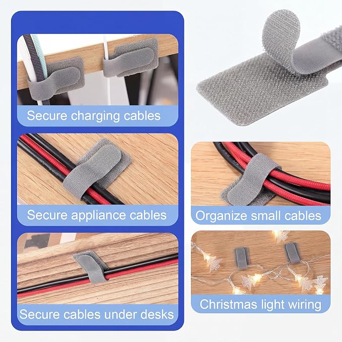 100 Pcs Hook and Loop Cable Ties, Self Adhesive Cable Management Under Desk Cable Straps, Adjustable Cord Organizer for Desk Home Office Organization (Grey)