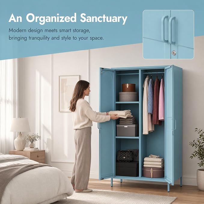 Lockable Metal Wardrobe Closet with Hanging Rod and 3 Adjustable Shelves,67" Metal Storage Cabinet with 2 Doors,Steel Armoire Wardrobe Closet for Bedroom Living Room Cloak Room (Blue)