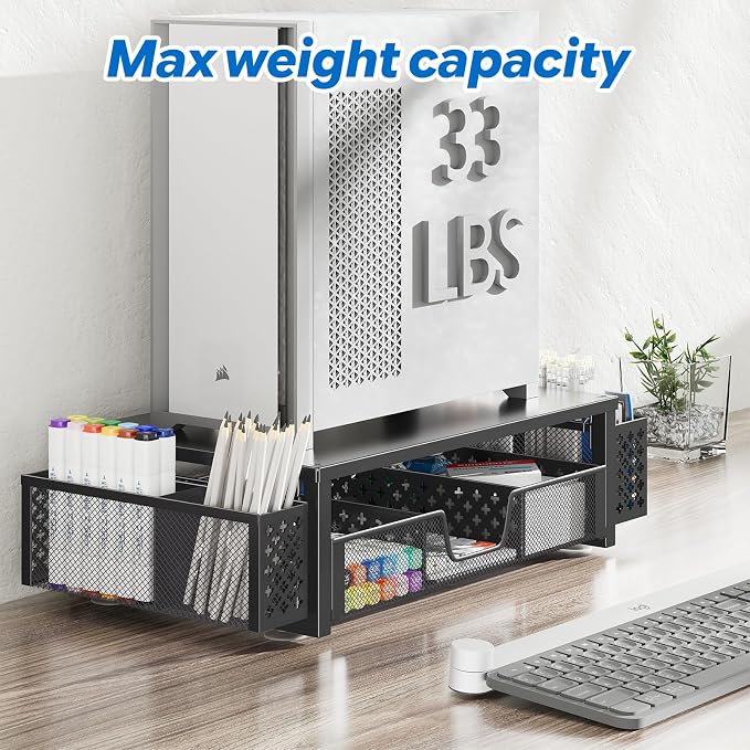 Simple Trending Desk Organizer and Accessories, 2-Tier Computer Monitor Stand Riser with Drawer & 2 Pen Holders, Office Desk Accessories & Workspace, Laptop & Printer Stand for Desktop, Black