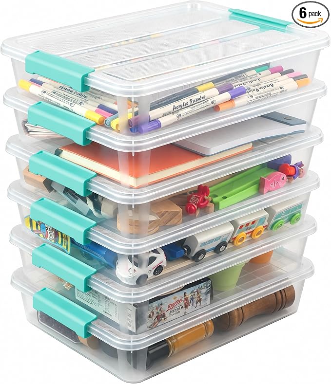 AREYZIN 6 Qt Clear Storage Bins with Lids,Stackable Plastic Storage Containers with Secure Latches,Multi-Purpose Classroom Storage Organizer for Craft Supplies,Paper & Office Stationery,6 Pack