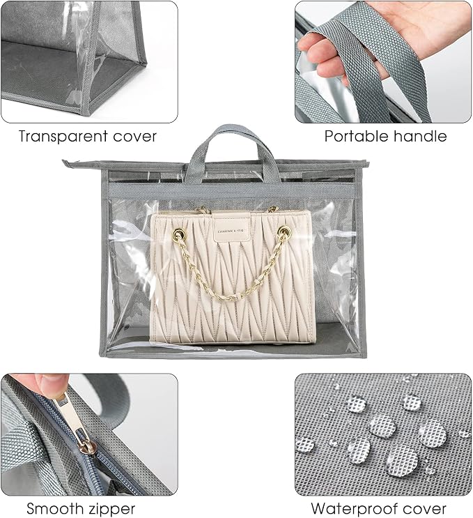 10 Set Handbag Storage Organizer Dust Bags for Purses Handbags Closet, Clear Purse Protector Storage Bag Dust Cover for Bags, Closet Organizer for Handbags with Hooks, Grey