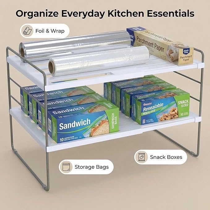 YAN & HIN 2 Pack Expandable Cabinet Organizer Shelf, 3-Tier Kitchen Cabinet Organizer for Tupperware & Food Container Storage, Adjustable Pantry Shelf Organizer for Bottles, Lids & Countertop