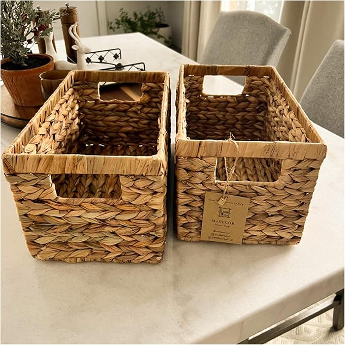 M4DECOR Set of 6 Water Hyacinth Storage Baskets – Wicker Storage Baskets for Shelves, Pantry Baskets for Organizing, Handwoven Wicker Baskets for Storage (Set 3 SML)