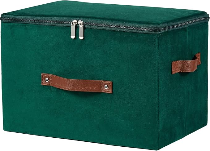 Storage Bins with Zipper Lid Velvet Fabric Storage Boxes Lidded Baskets Foldable Washable Decorative Closet Shelf Clothes Organizer Container with PU Leather Handles (Deep Green, Large)