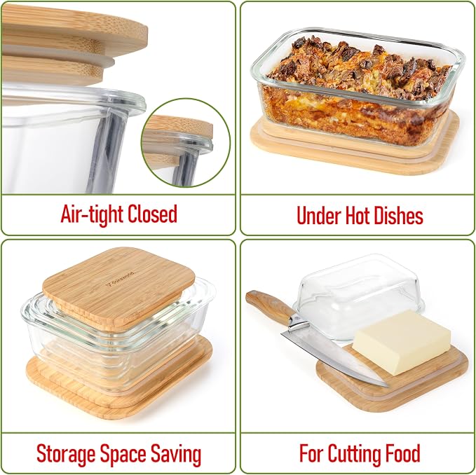 Set of 4 Stackable Space-Saving Nesting Glass Containers with Airtight Bamboo Lids - Lunch, Meal & Food Prep - Microwave & Oven Safe BPA Free Durable Heat Resistant Inert Borosilicate Glass