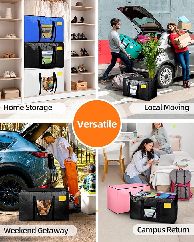 Extra Large Moving Bags, 4 Pack Heavy Duty Storage Bags Boxes Bins Totes with Hnadles Zippers Visible Window for Clothes College Dorm Travel, Black