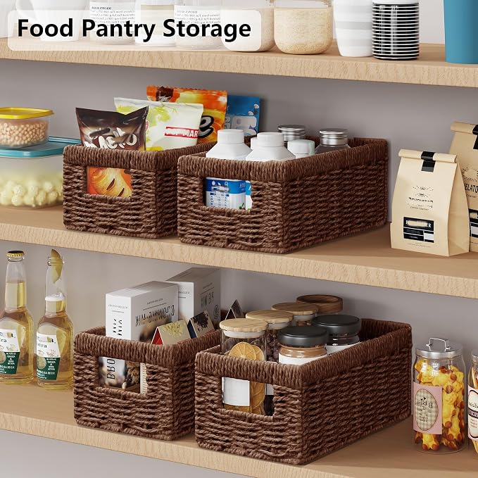 Vagusicc Wicker Storage Basket, Set of 2 Hand Woven Wicker Baskets for Organizing with Handles, Decorative Small Storage Bins for Countertop Toilet Paper Basket for Toilet Tank Top, Shelves, Brown
