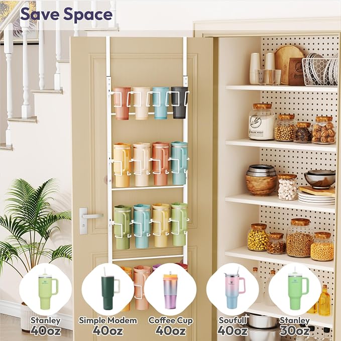 SWTYMIKI 4-Tier Water Bottle Organizer – Over the Door Stanley Cup Holder, Cup Organizer for Door or Wall Mount Option, Stanley Accessories for Pantry, Dorm, Office, RV Use, White