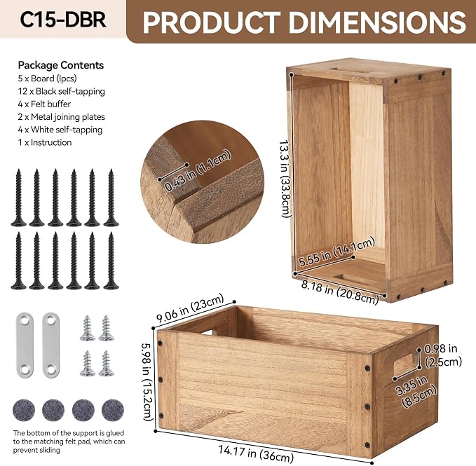 KIRIGEN Stackable Wood Storage Cube with Handles, Open Cubby Bin, Brown | Open-Front Wooden Box Crate for Books, Clothes, Shoes, Closet Storage, and Display for Home Office, Assembly Required C5-DBR
