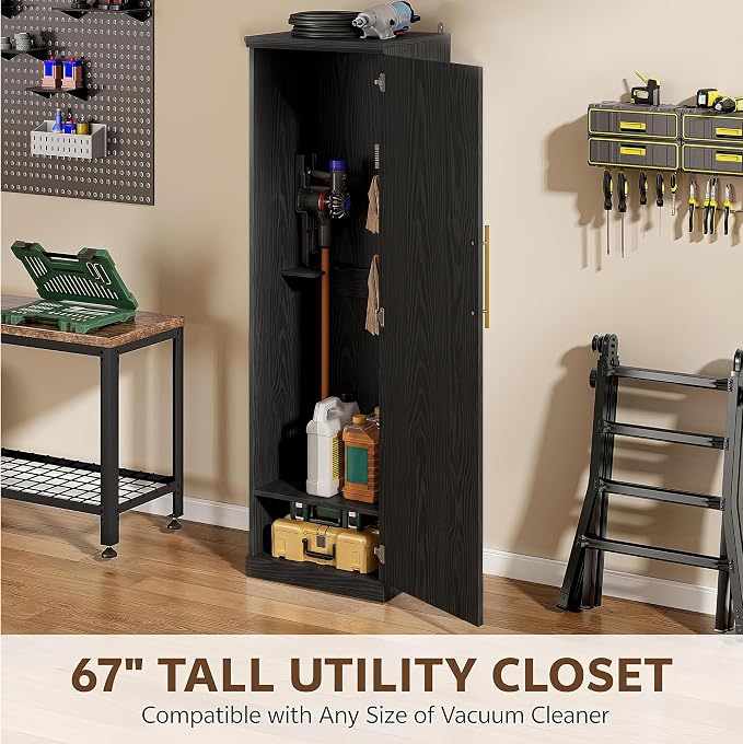 Broom Closet Storage Cabinet, 65" H Slim Utility Closet with Door and Shelf, Tall Vacuum Storage Cabinet with Hooks for Cleaning Tool, Broom Closet Organizer for Bathroom, Garage, Black