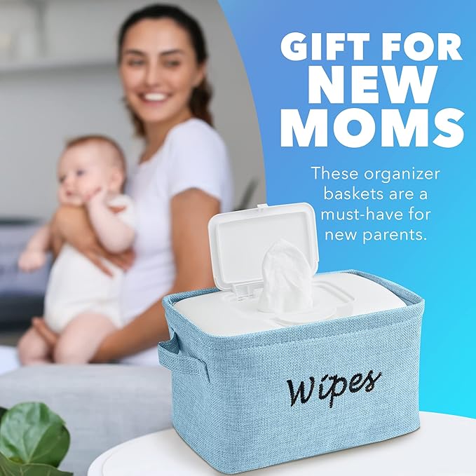 Dejaroo - Baskets for Organizing Wipes and Newborn Essentials, Diaper and Wipes Organizer, Embroidered Baby Shower Gifts for Moms, Linen Basket with Handle, 9 x 6 x 5.5 Inches, Blue