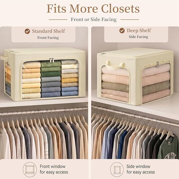 GoMaihe 3 Opening Clothes Storage Bins with Metal Frame, 66L Blanket Storage Organizer for Walk-in Closet Large Storage Boxes with Clear Window for Bedding Winter Clothing 3-Pack Beige