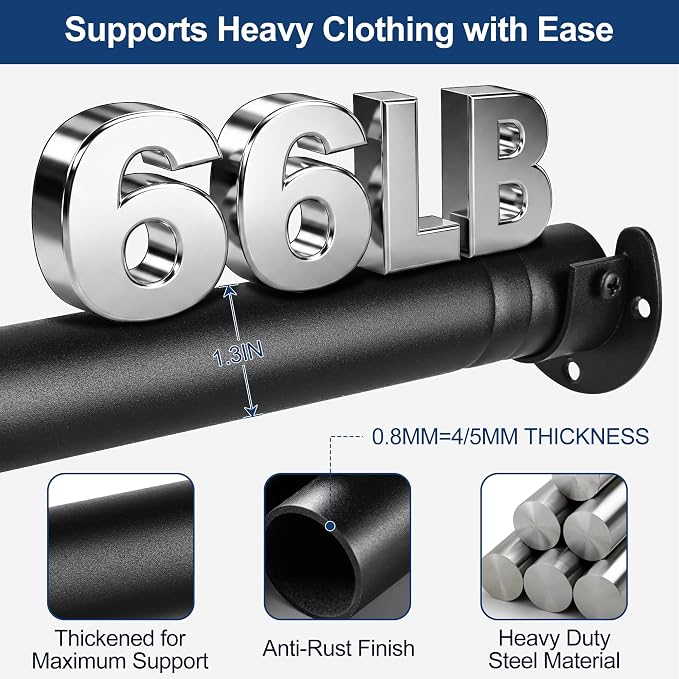 Adjustable Closet Rod for Hanging Clothes, 17-99inch Heavy Duty Metal tension clothes rod，1.3Inches Closet Pole with Hardware Kit for Closet Organization Laundry Room RV, Black