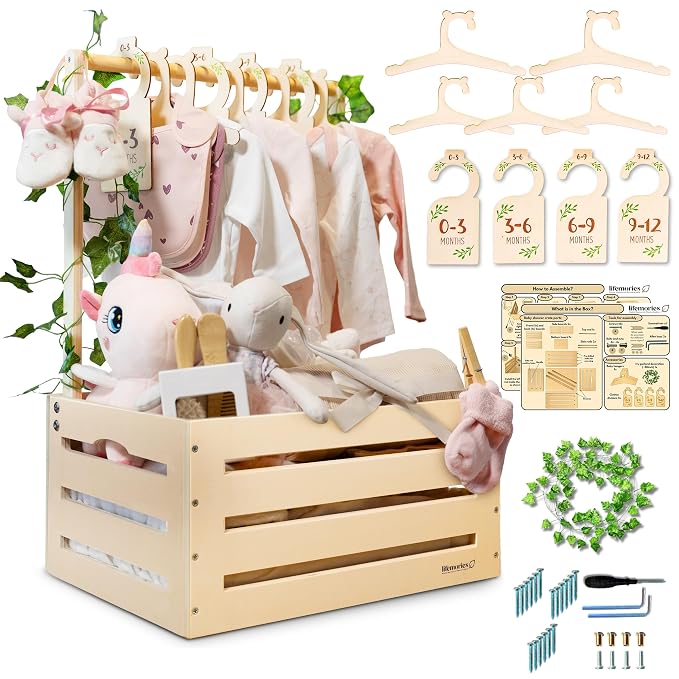 Wooden Baby Shower Crate Closet with Clothes Hangers & Dividers, Large Gift Basket for Boys & Girls, Wood Box Storage & Display with Handles & Ivy Garland, Welcome Gifts for New Parents.