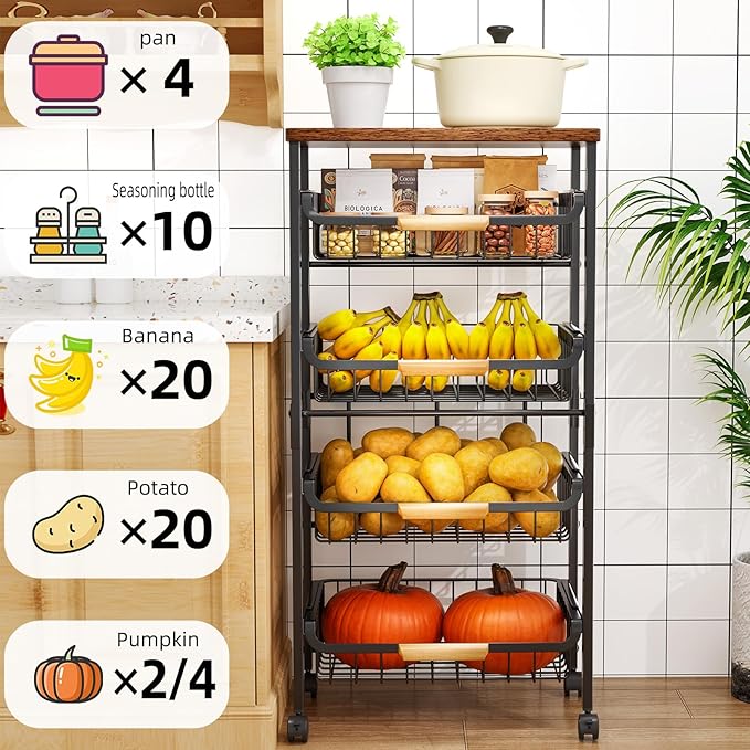 Storico 5-Tier Rolling Utility Cart Kitchen Storage Cart | Large capacity, sturdy wheels, wooden tabletop, mesh baskets, perfect for kitchen, bathroom, laundry room.