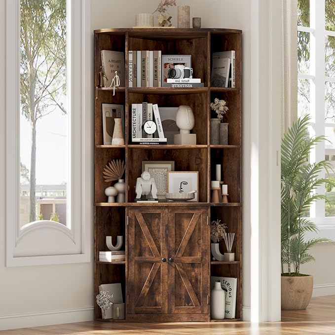 Vabches Corner Storage Cabinet, Farmhouse Storage Shelf with Bottom Cabinet, 67” Tall Corner Bookshelf with Barn Doors and Adjustable Shelf for Study, Living Room and Bedroom(Rustic Brown)