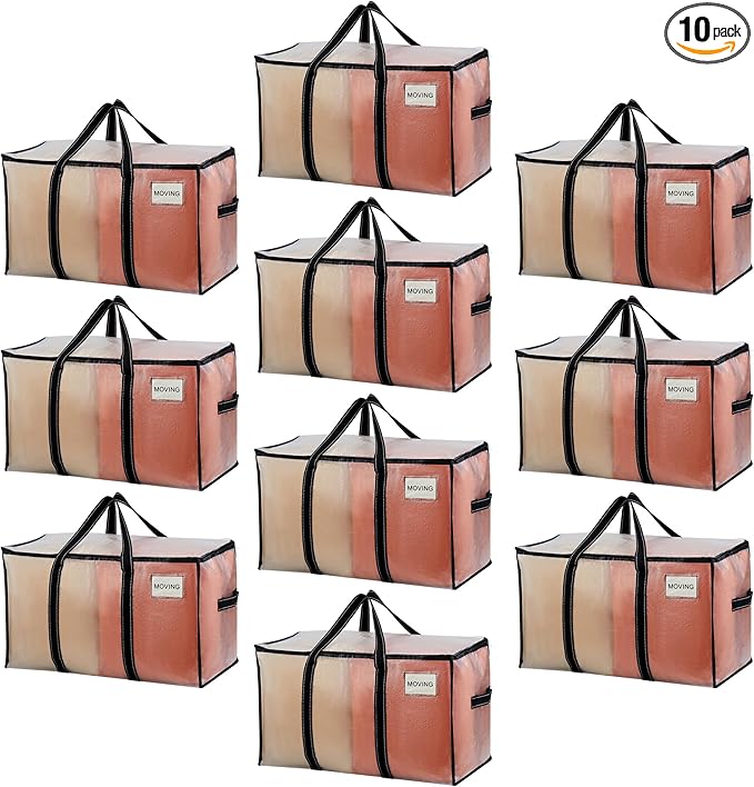 VENO 10 Pack Clear Storage Moving Bags, Heavy Duty Storage Bins with Lid, Around Handles, Tag, Zippers, Extra Large Totes Packing Moving Boxes Supplies for College Dorm Clothes (Transparent)