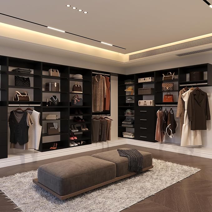 Modular Closet System, 61" Wide Closet Organizer System with Tower and Drawers, Wood Tower Closet Storage for Walk In Closets, Wall Mounted Wardrobe Organizer Kit System, Bedroom, Black