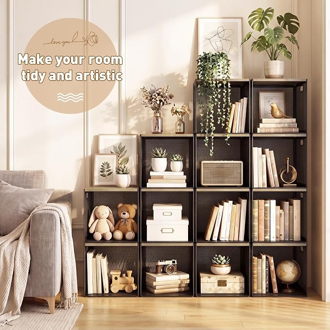 AceOrbit 3 Pcs Widened Stackable Closet Organizers and Storage with Wood Foldable Top Metal Cube Closet Shelf DIY Space Saving Linen Cloth Shoe Bed Sheet Bin for Wardrobe Bedroom (12"x12"x12", Lights)
