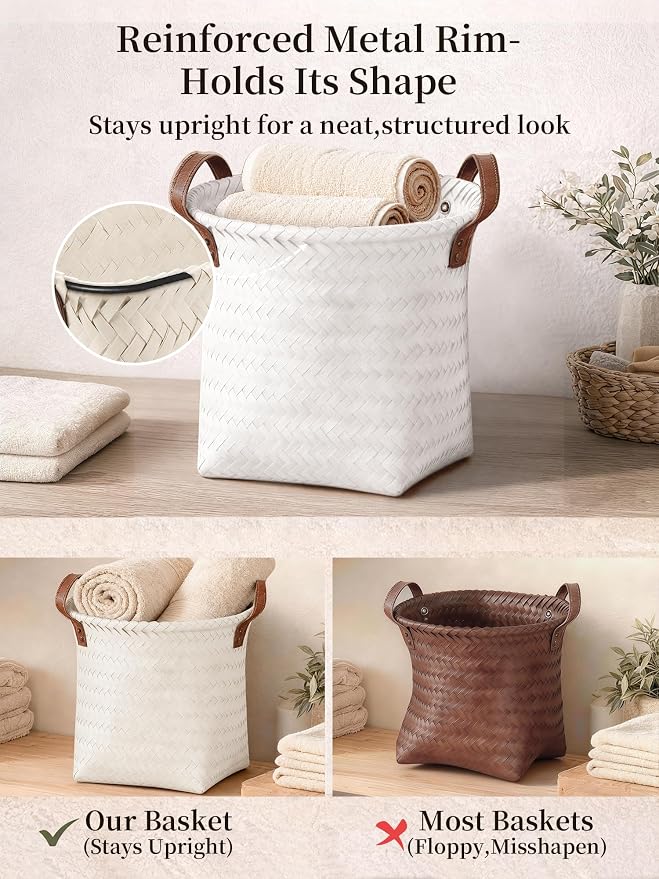 Hand Woven Baskets for Storage, 4Pcs Water-Resistant Wicker Baskets, White Wicker Storage Baskets for Shelves, Large Basket with Handle for Organizing, Closet, Laundry, Blanket - Round