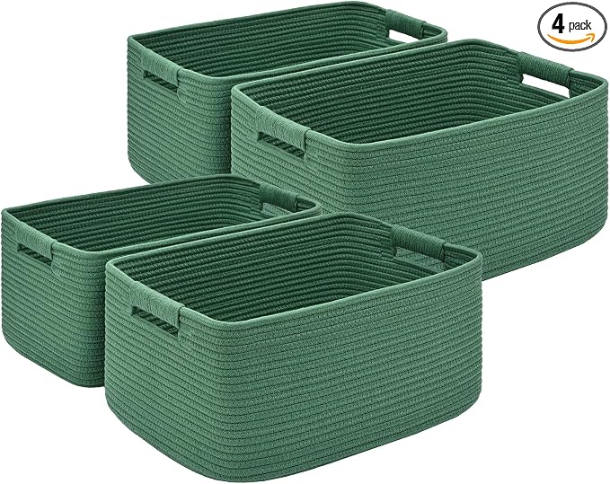4 Pack Large Storage Basket for Organizing, 17.5"x13"x7" Woven Basket for Shelves, Closet Cube Storage Bins with Wrapped Handle, Cotton Rope Baskets for Kitchen, Clothes, Toys(Green)