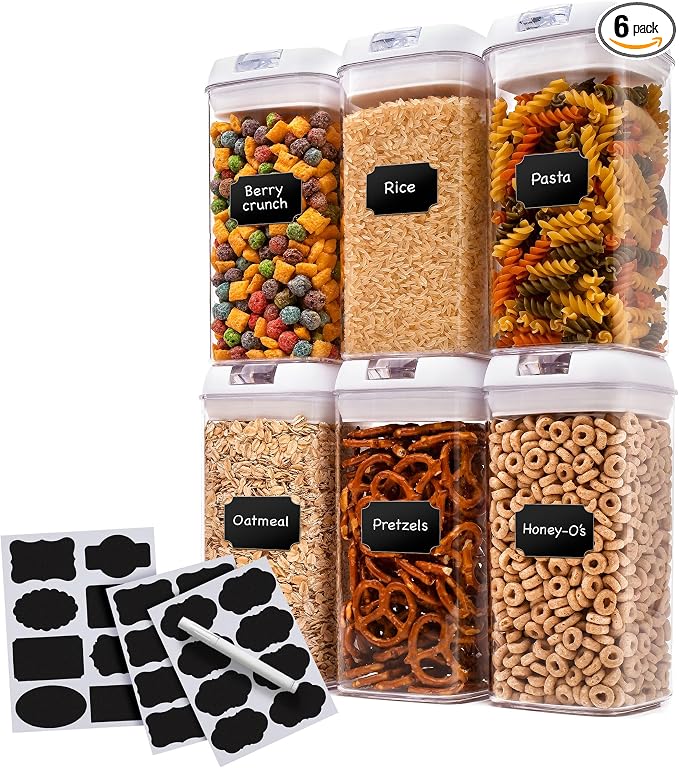 Set of 6 Airtight Food Storage Containers - Pantry Organizer Bins, BPA Free Plastic Containers plus Dry Erase Marker and Labels, White