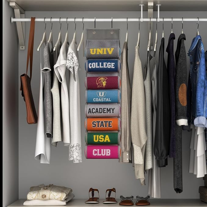 Over The Door Hoodie Organizer, Double Sided Holds 16 T-Shirts, White Hanging Storage with 2 Hooks and Rope for Door Closet Cabinet Use, Ideal for Dorm Rooms Bedroom (Gray)