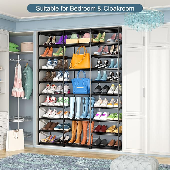 Kottwca 3 Row 10 Tier Large Shoe Rack Organizer for Closet Entryway, 60-65 Pair Shoe Boot Storage Rack, Metal Shoe Shelf Tall Vertical Stackable Shoe Stand for Bedroom Corner