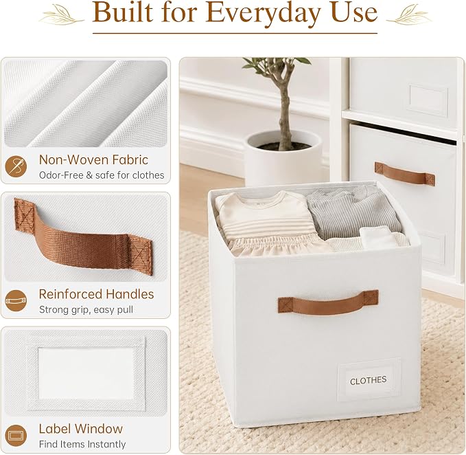 Storage Cubes 8 Pack, 11 Inch Fabric Storage Cubes Organizer Bins with Labels, Odor-Free & Sturdy PP Structure, Cubby Baskets for Closet, Shelves, Toys & Nursery (White)