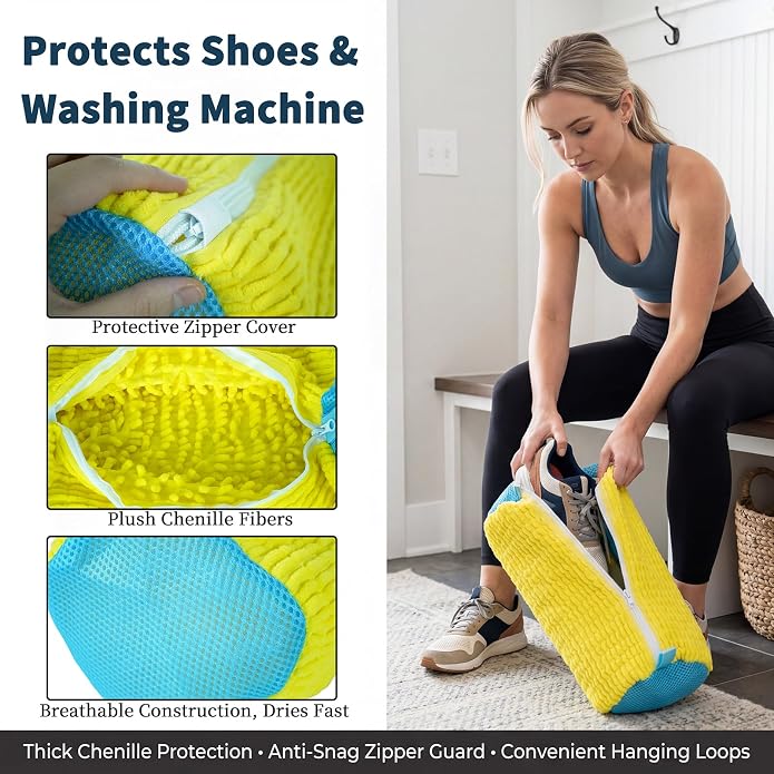Shoe Washing Machine Bag Built-in Bristles | 2 Pack with Shoe Crease Protectors, for Women & Men, Yellow, Reusable Sneaker Laundry Bag for Washer and Dryer