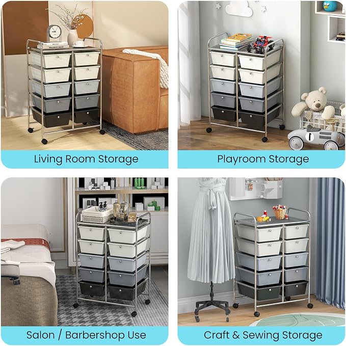 BECOMFORT 10-Drawer Rolling Cart with Drawers, Storage Cart on Wheels, Teacher Classroom Organizers with Metal Frame, Mobile Craft Cart, Trolley Utility Cart for School Office Play Room