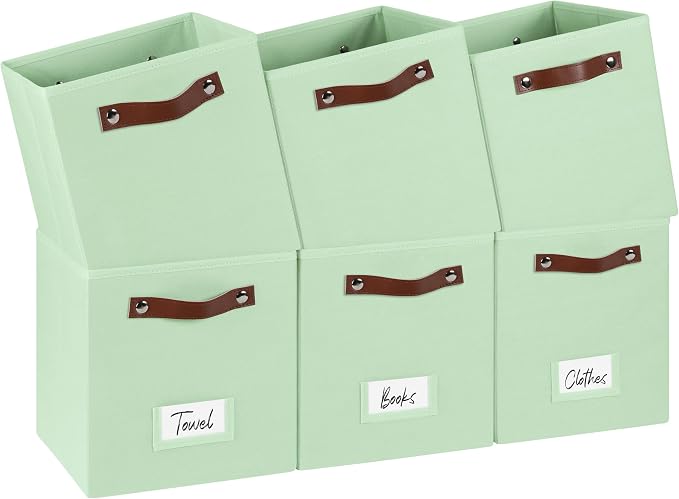 FinishingBo 10.5" x 11" Storage Bins with Labels 6 Pack | PU Leather Handles, Foldable Storage Cubes, Storage Baskets, Closet Storage, Green
