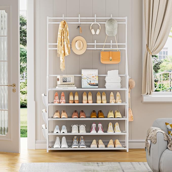 OYREL Shoe Rack 5 Tier Shoe Racks Organizer 20-25 Pairs for Closet | Entrance Shoe Storage Shelf with Hooks and Side Pocket Entryway Shoe Holder Space Saving Free Standing Shoe Racks