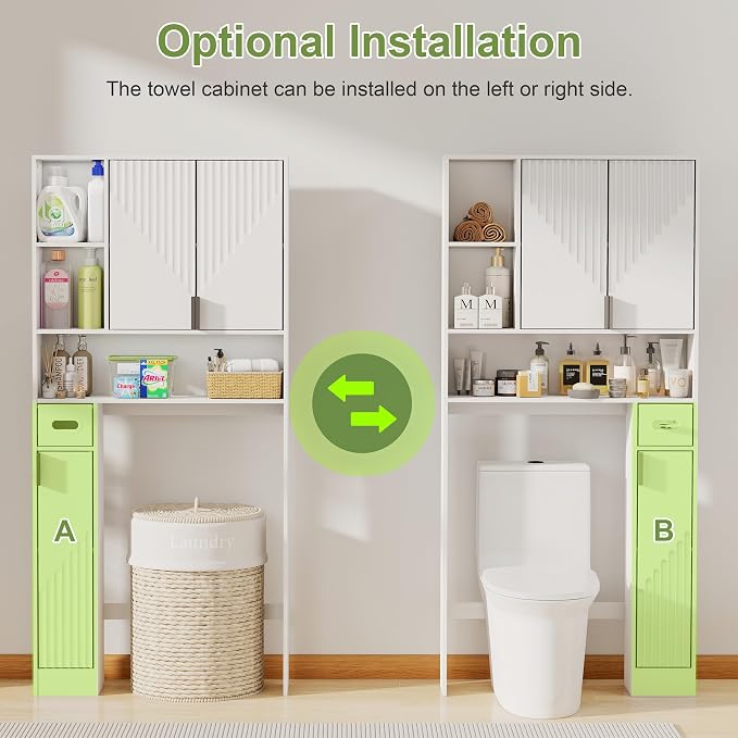 GOODONE White Over The Toilet Storage Cabinet - with 3 Doors and Toilet Paper Holder Stand, FreeStanding, for Bathroom, Restroom, Laundry