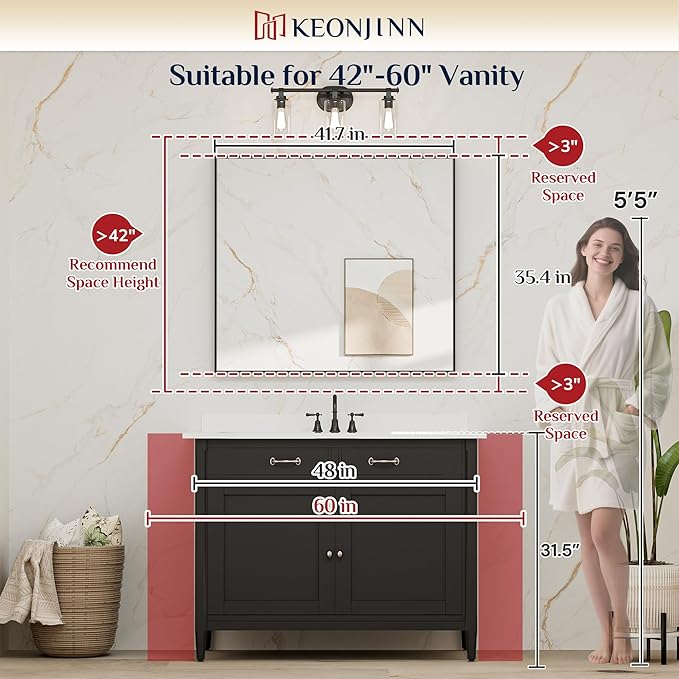 Keonjinn 42 x 36 in Brushed Nickel Mirror for Bathroom Sink, Rectangular Metal Framed Vanity Wall Mirror Square Corner Aluminum Alloy Modern Rectangle Silver Mirror for Over Sink(Horizontal/Vertical)